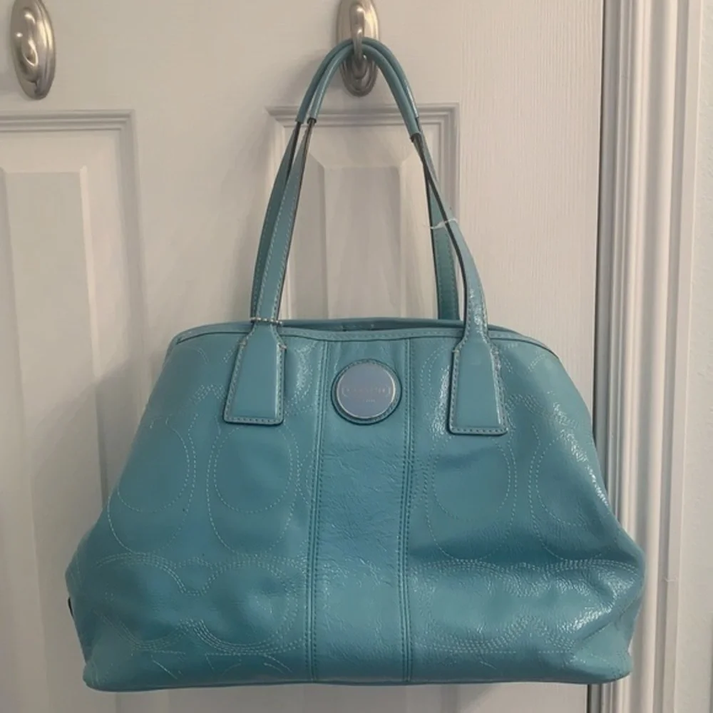 COACH purse blue patent signature framed carryall bag